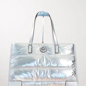 $398New with Tag 💯 Tory Burch Ella Nylon Quilted Tote Large Shoulder Bag Silver